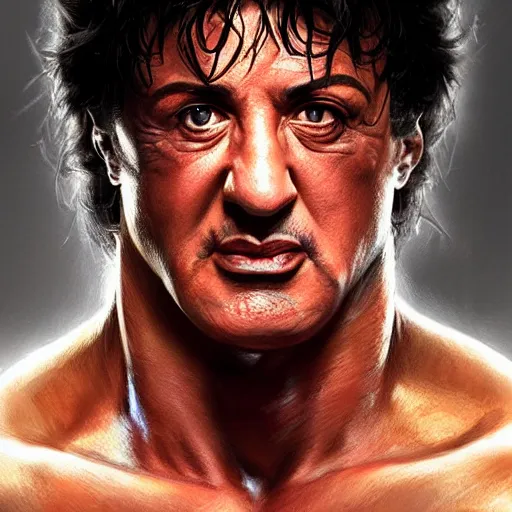 Prompt: Sylvester Stallone boxing master, closeup, D&D, fantasy, intricate, elegant, highly detailed, digital painting, artstation, concept art, matte, sharp focus, illustration, hearthstone, art by Artgerm and Greg Rutkowski and Alphonse Mucha