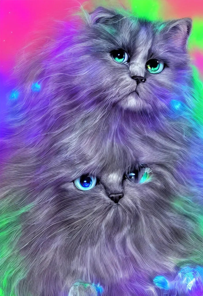 Image similar to longhair floof fluffy coiffed groom elegant gorgeously cfa champion cute pretty scottish fold cat, radiant with mathematical diagrams hologram overlay revealing a complex inner mechanations, detailed painting, grisaille dark monochrome with neon fluorescent color airbrush spraypaint accents, by jules julien, wes anderson, lisa frank, octane render 4 k