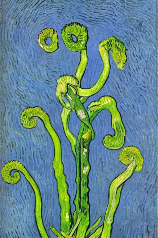 Image similar to Fiddleheads, painted by Vincent Van Gogh (1890), oil on canvas, detailed brushstrokes