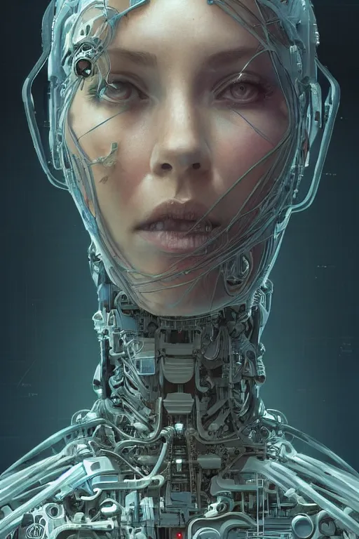 Image similar to portrait of a robot mother, intricate, dystopian, sci-fi, extremely detailed, digital painting, artstation, concept art, smooth, sharp focus, illustration, chiaroscuro lighting, incredible art by artgerm and greg rutkowski and alphonse mucha and simon stalenhag