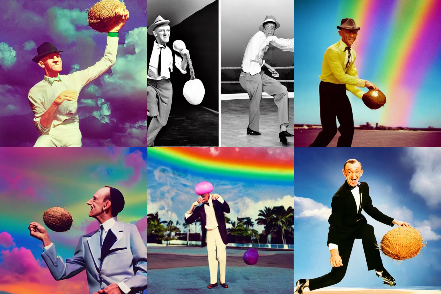 Prompt: Fred Astaire punching a coconut, impactful photography, vaporwave, rainbows