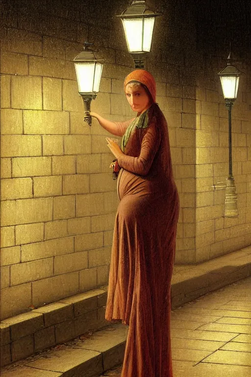 Image similar to pregnant woman under street light, highly detailed, sharp focused, ultra realistic digital concept art by Edmund Blair Leighton