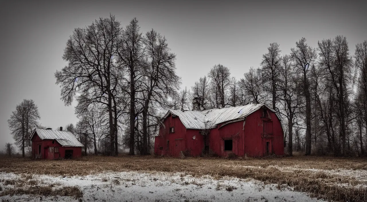 Image similar to russian house, farm, abandoned, lifeless, winter, mud, atmospheric, mystical, very detailed 4 k