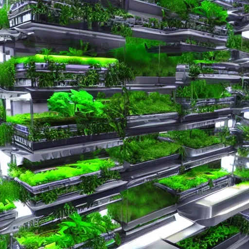 Prompt: future solarpunk city, vertical farming on walls, solar on roof, vegetation everywhere