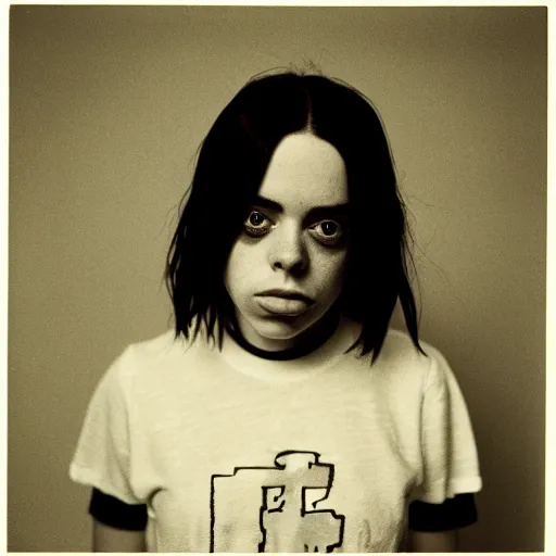 Image similar to photo of Billie Eilish by Diane Arbus, black and white, high contrast, Rolleiflex, 55mm f/4 lens