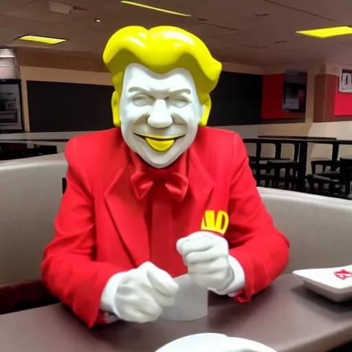 Image similar to Ronald McDonalds eating in a KFC with the Colonel