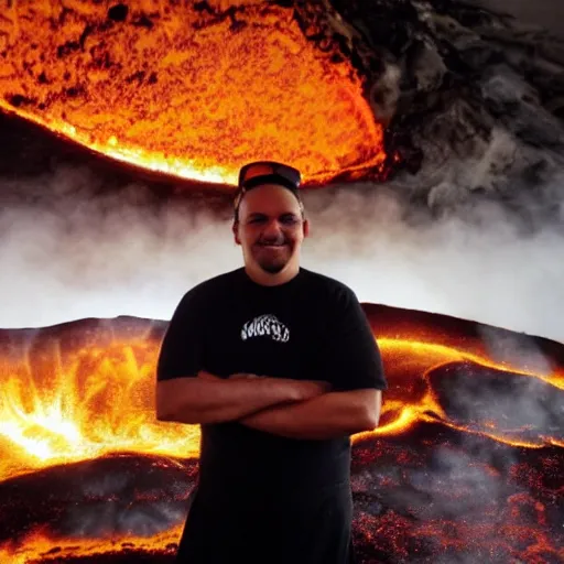 Prompt: an evil pizza cook standing in front of a volcano, streams of lava, smoke, fire, pizza margherita