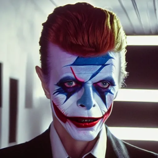 Image similar to awe inspiring David Bowie pkaying The Joker 8k hdr movie still dynamic lighting