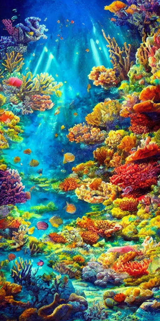 Image similar to underwater coral reef landscape magical realism painting with sun rays coming from above