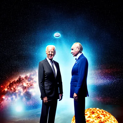 Prompt: uhd candid photo of cosmic joe biden and vladimir putin blowing up the entire solar system while high, glowing, global illumination, studio lighting, radiant light, hyperdetailed, correct faces, elaborate intricate details. photo by annie leibowitz