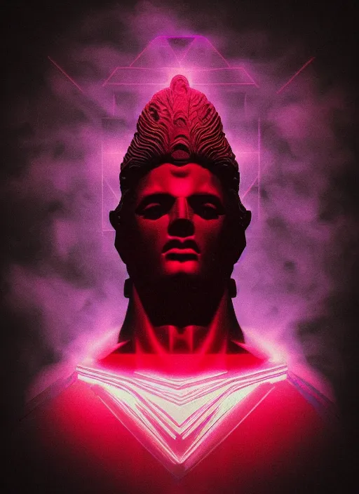 Prompt: black background with subtle red and purple design elements, mostly dark, statue of zeus, nekro, beeple, graphic design, collage art, thin lines, dark, glitch art, neo vaporwave, gritty, layout frame, square, trending on artstation