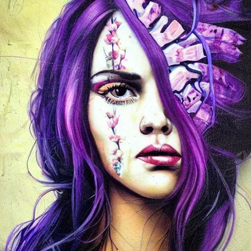 Prompt: very very cute portrait of beautiful woman with long purple hair by Sandra Chevrier