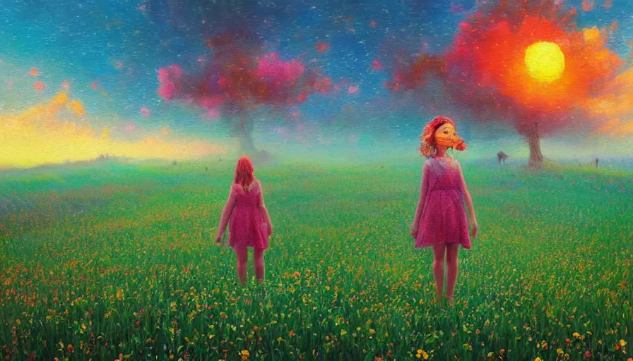 Prompt: girl with a flower face, surreal photography, dream, standing in flower field, hills, big trees, sunrise dramatic light, impressionist painting, colorful clouds, digital painting, pointillism, artstation, simon stalenhag, flower