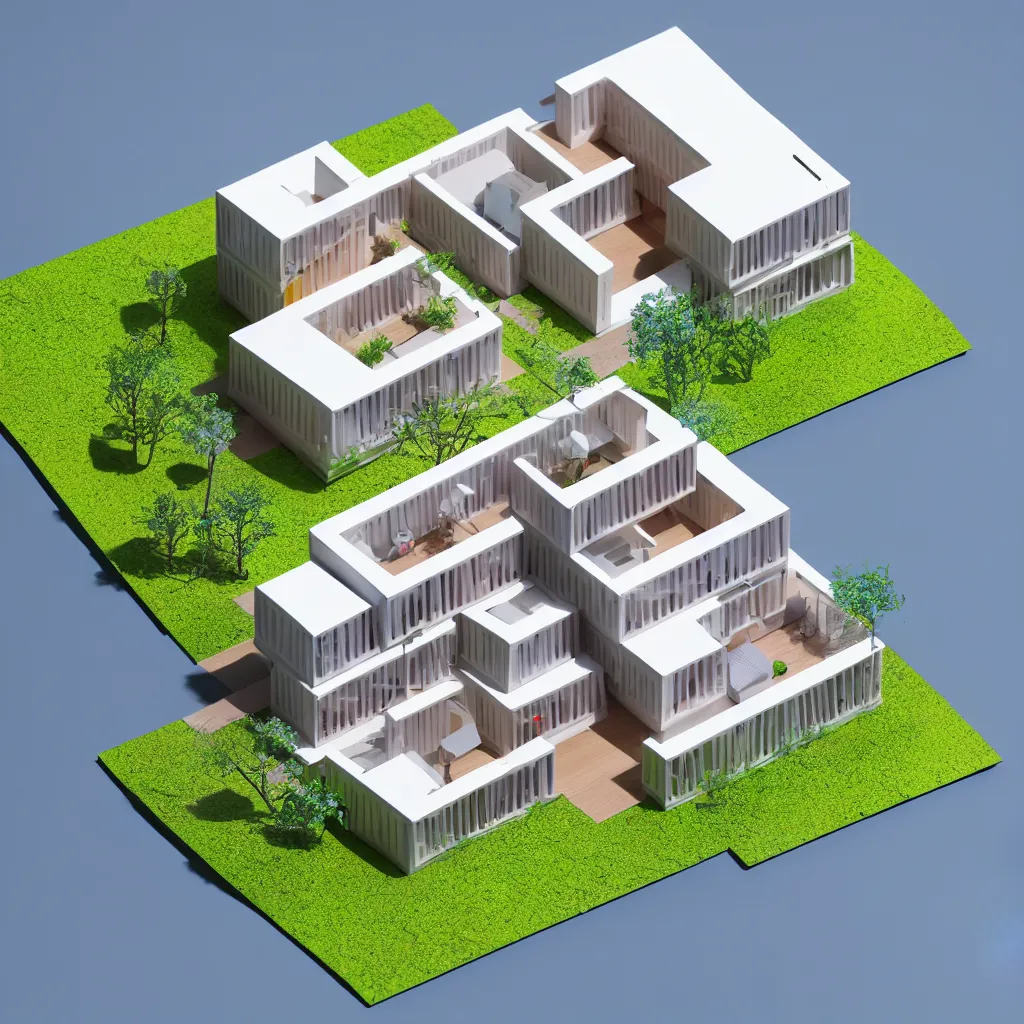 Prompt: architectural model, isometric view, 3 d render, studio lighting, low contrast, brightly lit studio, highly detailed, a fat house with zig - zag plan and large windows, tree