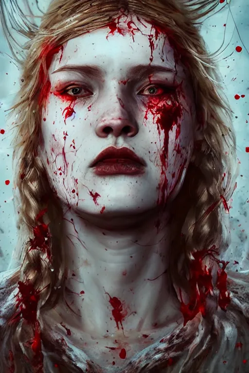 Image similar to photorealistic portrait of a viking girl roaring with blood splattered on her by ayami kojima and ewelina kowalczyk and alessio albi, trending on artstation