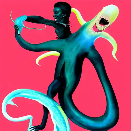 Image similar to grace jones riding on a giant squid, digital art