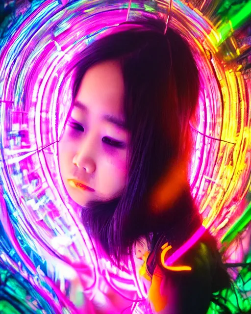 Prompt: portrait of asian girl having an orgasm eyes closed, colorized neon lights, explosion of light, hyperealistic detailed photography polaroid, 5 0 mm lens, motion blur, grainy image,, alexander mcqueen, art nouveau fashion, steampunk