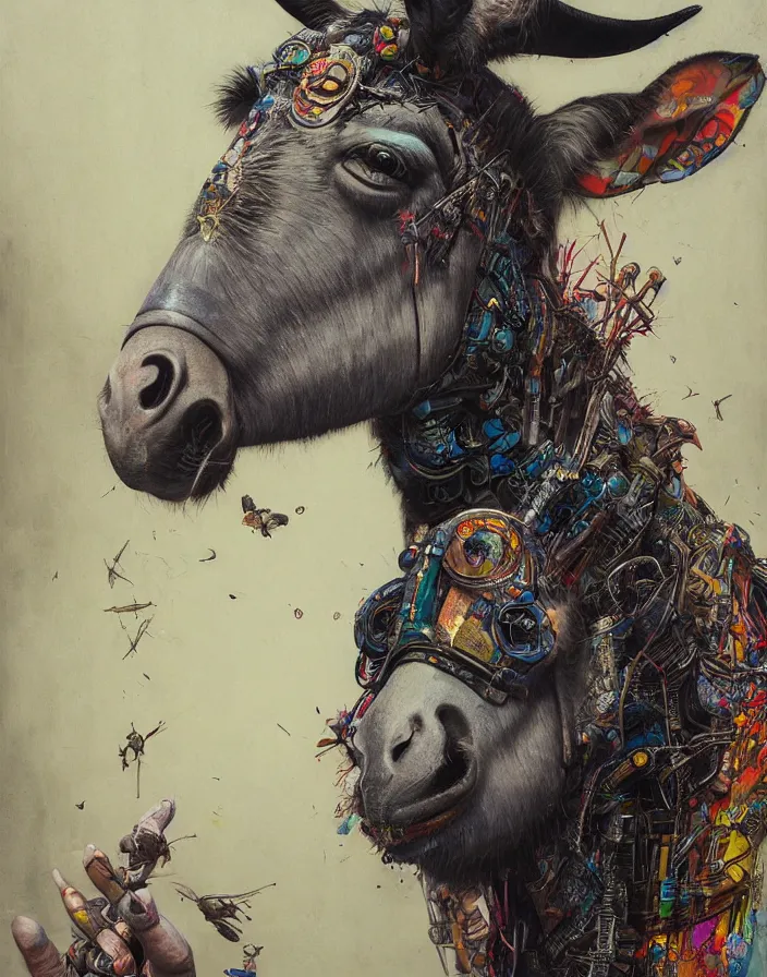 Prompt: art portrait A donkey and a bug hybrid, 8k,by tristan eaton,Stanley Artgermm,Tom Bagshaw,Greg Rutkowski,Carne Griffiths, Ayami Kojima, Beksinski, Giger,trending on DeviantArt,face enhance,hyper detailed,minimalist,cybernetic, android, blade runner,full of colour,