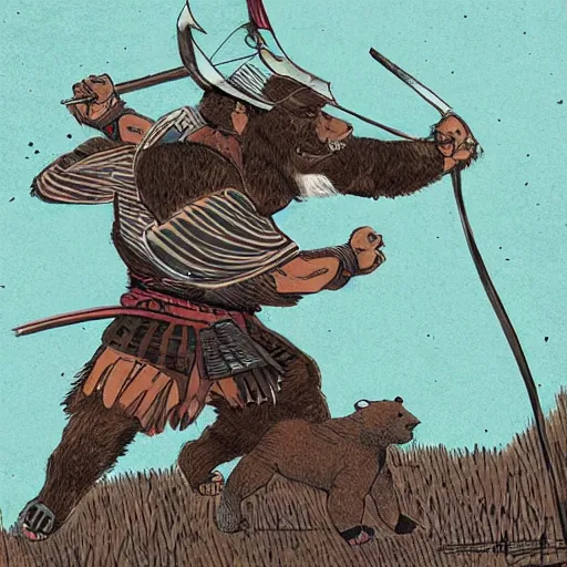 Image similar to Samurai fighting a giant bear, art by Ben Bauchau, digital art, artstation, pen and ink work. sharp focus.