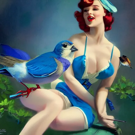 Image similar to pinup girl holding an indigo bunting, bird, the bird is wearing a bowtie, by greg rutkowski, rossdraws, gil elvgren, enoch bolles, anime, porcelain skin, very coherent