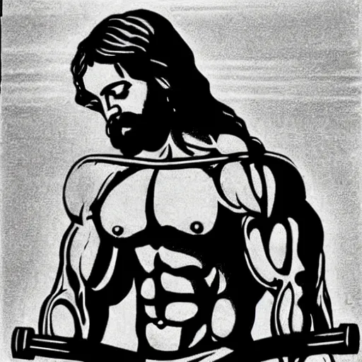 Image similar to Jesus Christ lifting the heaviest of weights at the gym alone, veins popping, highly detailed photograph, professional body builder Jesus