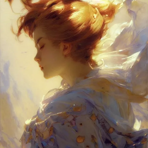 Prompt: detailed portrait of peaceful anime girl graceful, eyes closed, ecstasy, painting by gaston bussiere, craig mullins, j. c. leyendecker