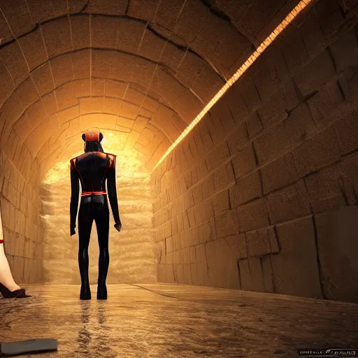 Prompt: a school boy being intimidated by a succubus in a leather suit, devi wings, cracked brick wall, long hallway, light at the end of the tunnel, volumetric lighting, concept art, detailed, dramatic lighting, by hayao miyazaki