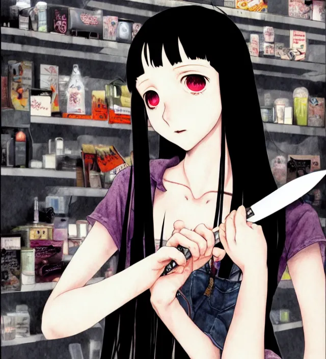 Image similar to portrait of a morbid 18 year old young woman wearing a grunge aesthetic dress with straight silky black hair, in a butcher shop, queen of sharp razorblades holds a single individual razerblade her hand and shows it to the user, in the style of Range Murata and by Katsuhiro Otomo.