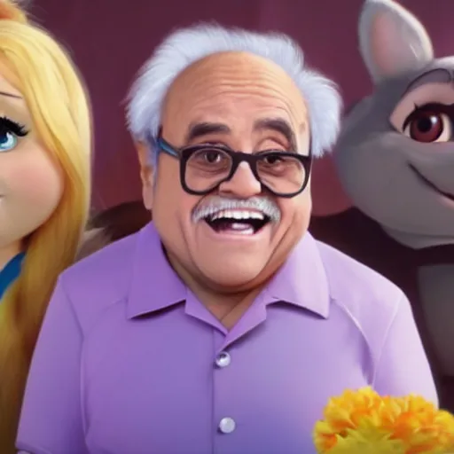 Image similar to A movie still of Danny Devito as a Disney princess