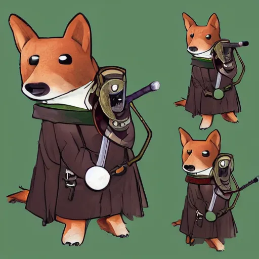 Image similar to Anthropomorphic Corgie with Pipe in his mouthe a green scarf around his neck a monocle up to his eye and a backpack full of wares, D&D Art, Fantasy, by Vince Ruz
