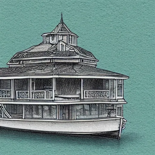 Prompt: a big house on a small boat , intricate sketch