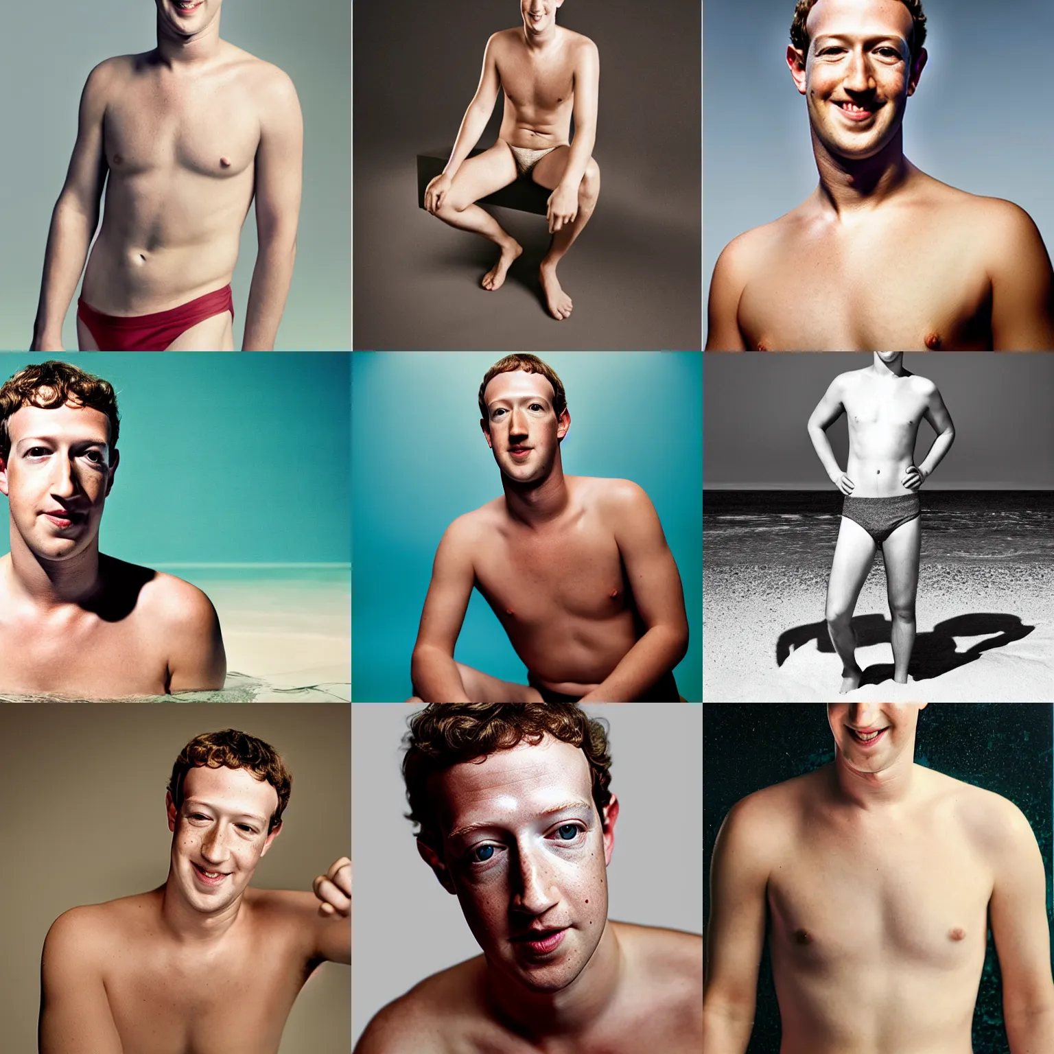 Prompt: Photo of Mark Zuckerberg in swimsuit, soft studio lighting, photo taken by Martin Schoeller for Calvin Klein, award-winning photo, 24mm f/1.4