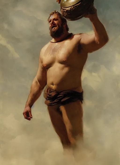 Prompt: beautiful oil painting portrait of hefty ethan van sciver as an ancient roman god holding up a steaming pie with one arm, art by anders zorn, wonderful masterpiece by greg rutkowski, expressive brush strokes, beautiful cinematic light, american romanticism by greg manchess, jessica rossier