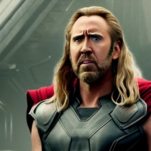 Image similar to film still of Nic Cage as Thor in Avengers Endgame