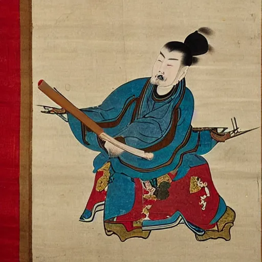 Image similar to ancient chinese painting of Genghis Khan smoking a joint and a playing a lute