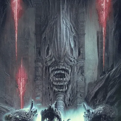 Image similar to sentient ghostbusters bizarre demi - gods expelling demons by greg rutkowski, zdzislaw beksinski,