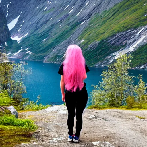 Prompt: a young woman with long pink hair, facing forward for a selfie, back towards fjord, hiking clothes, tank top, backpack, norway, fjords in background, cinematic, beautiful, stunning, day time, epic, 8 k, 1 6 : 9