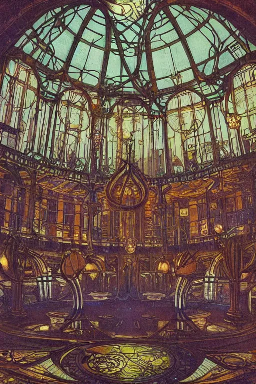 Prompt: interior of steampunk crystal palace, art nouveau, dramatic lighting, ultra - wide view, by hiroshi yoshida, ernst haeckel, moebius