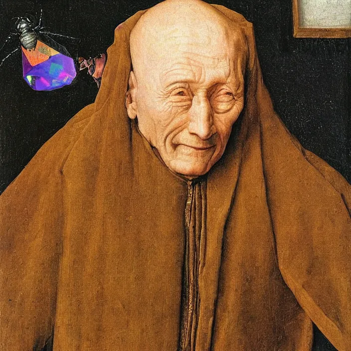 Prompt: close up portrait of a dying old man with platonic solids and iridescent beetle. jan van eyck