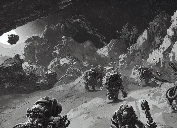 Prompt: deep rock galactic as an etching!!!!, video game, cavern, monochrome