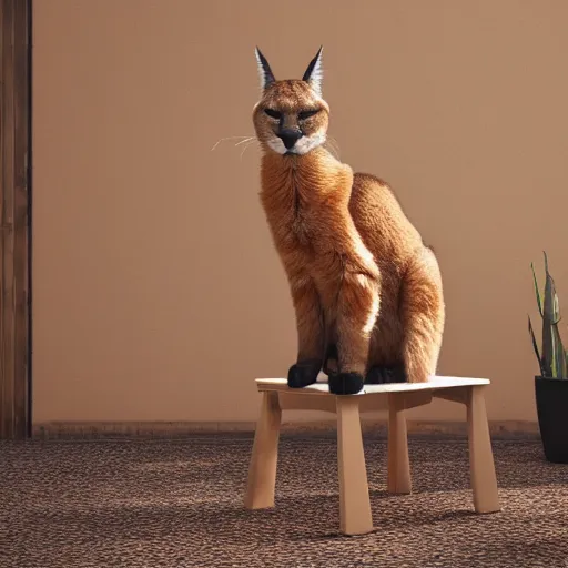 Image similar to wide-angle photo of cute caracal sitting on a wooden chair in a room, fire at background, octane render, 3d, 8k, hd, studio light