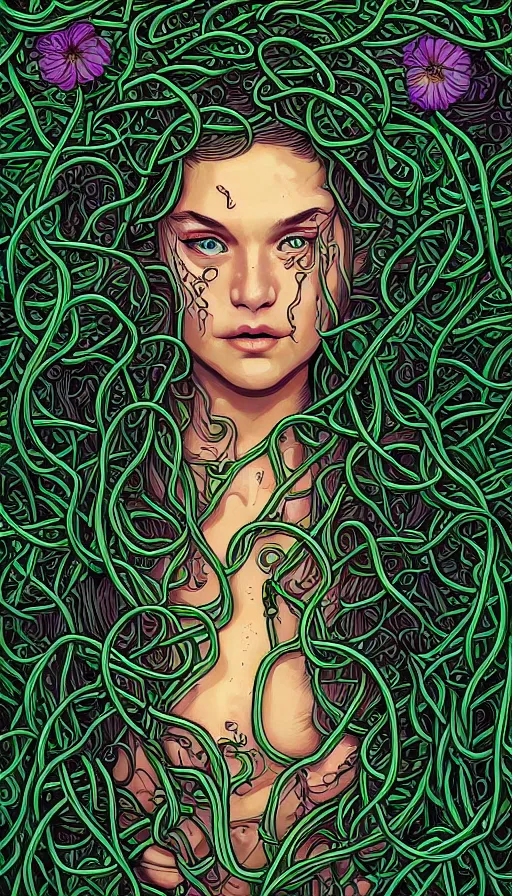 Prompt: very detailed portrait of a 2 0 years old girl surrounded by tentacles, the youg woman visage is blooming from fractal and vines, by dan mumford,
