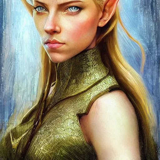 Prompt: a beautiful elven princess reminiscent of Scarlett Johansson with blond hair and blue eyes, fantasy character portrait by denis sarazhin