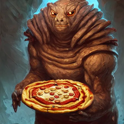 Image similar to ultra realistic illustration of golem made of pizza, intricate, fantasy italy, elegant, highly detailed, digital painting, artstation, concept art, smooth, sharp focus, illustration, art by tim mcburnie and conar cross and anato finnstark