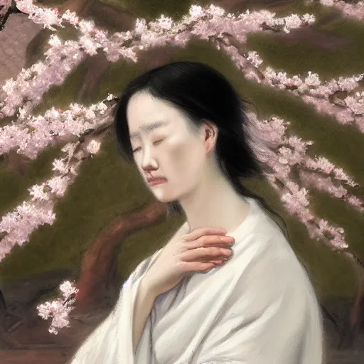 Image similar to a crying woman in a white gown kneeling at a beautiful shrine under a cherry blossom tree, rainy wet, ultradetailed, hd 8 k, oil on canvas, detailed brushstrokes