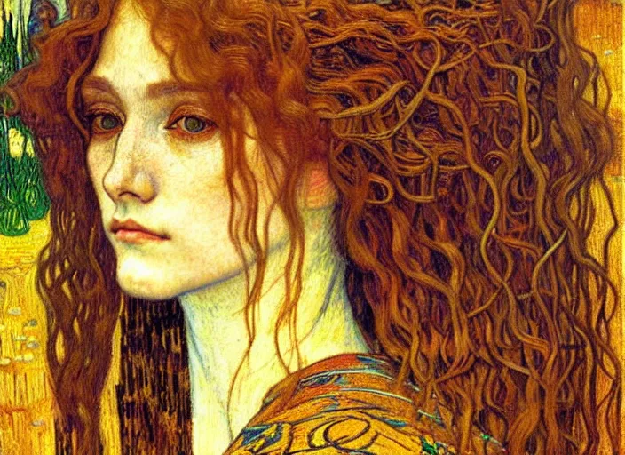 Image similar to detailed realistic beautiful young medieval queen face portrait by jean delville, gustav klimt and vincent van gogh, art nouveau, symbolist, visionary, gothic, pre - raphaelite, muted earthy colors, desaturated