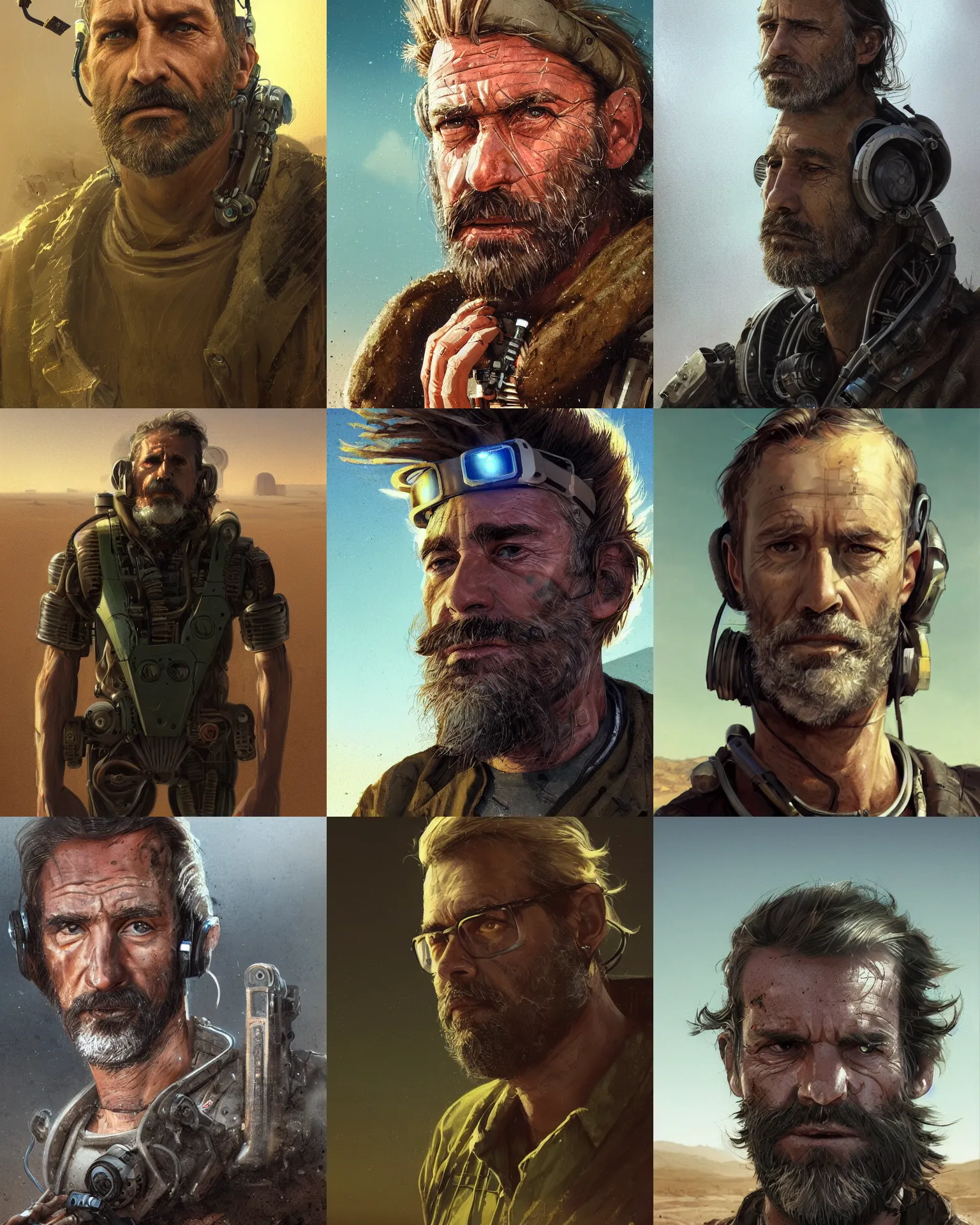 Prompt: a rugged middle aged engineer man with cybernetic enhancements lost in the desert, funky mid length hair, scifi character portrait by greg rutkowski, esuthio, craig mullins, short beard, green eyes, 1 / 4 headshot, cinematic lighting, dystopian scifi gear, gloomy, profile picture, mechanical, half robot, implants, dieselpunk