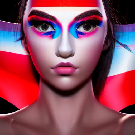 Image similar to A close-up of a beautiful girl with a surreal makeup reminding the swiss flag, octane render, bokeh, cyberpunk vibes, neons on the background