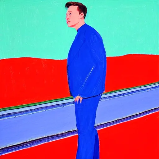 Prompt: elon musk in a painting by david hockney, on a bridge, in the sky, red, green