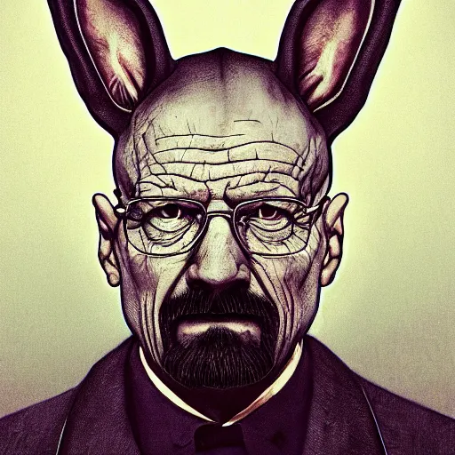 Image similar to Walter White is an anthropomorphic rabbit, physically accurate, very dramatic dynamic lighting, intricate, very very elegant, highly detailed, digital painting, artstation, very hyperrealistic, HR GIGER, Hieronymus Bosch, Francis Bacon, concept art, smooth, sharp focus, illustration, art by artgerm and greg rutkowski and alphonse mucha